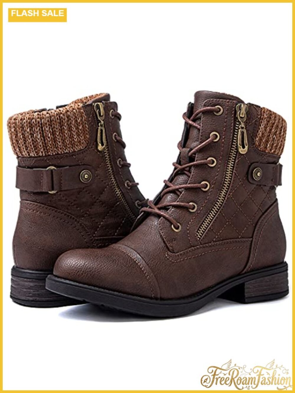 Combat Boots Lace Up Ankle Booties Low Heel Faux Leather
